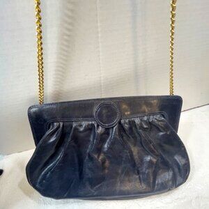 VTG Susan Gail Original Leather Rectangular Clutch Shoulder Purse Navy Italy